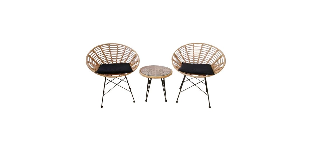 SALSA Coral Coffee Set Κήπου Μέταλλο Μαύρο - Γυαλί - Wicker Φυσικό: Τραπεζάκι+2 Πολυθρόνες Μαύρο