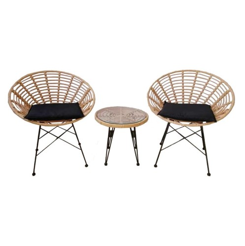 SALSA Coral Coffee Set Κήπου Μέταλλο Μαύρο - Γυαλί - Wicker Φυσικό: Τραπεζάκι+2 Πολυθρόνες Μαύρο
