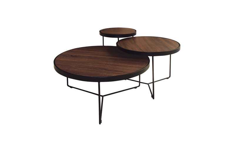 BOB Σετ 3 Τραπεζάκια Σαλονιού Καθιστικού, Μέταλλο Βαφή Μαύρο - Καρυδί Καρυδί