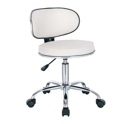 GLORY Σκαμπό με Πλάτη, Χρώμιο PU Άσπρο, Τροχήλατο, Ρύθμιση Ύψους, Περιστρεφόμενο Άσπρο