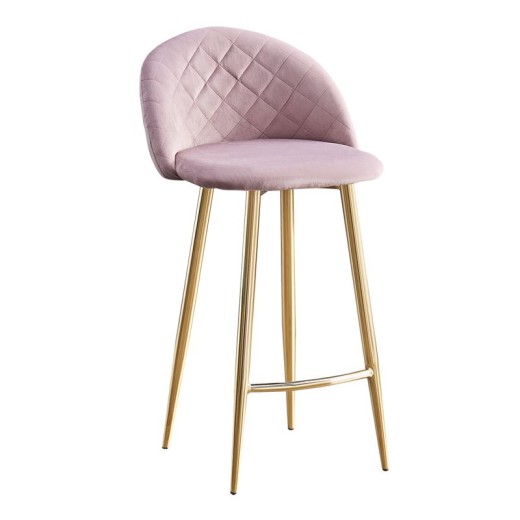 BELLA Σκαμπό BAR με Πλάτη, Βάση Χρώμιο Χρυσό, Ύφασμα Velure Απόχρωση Dirty Pink Ροζ