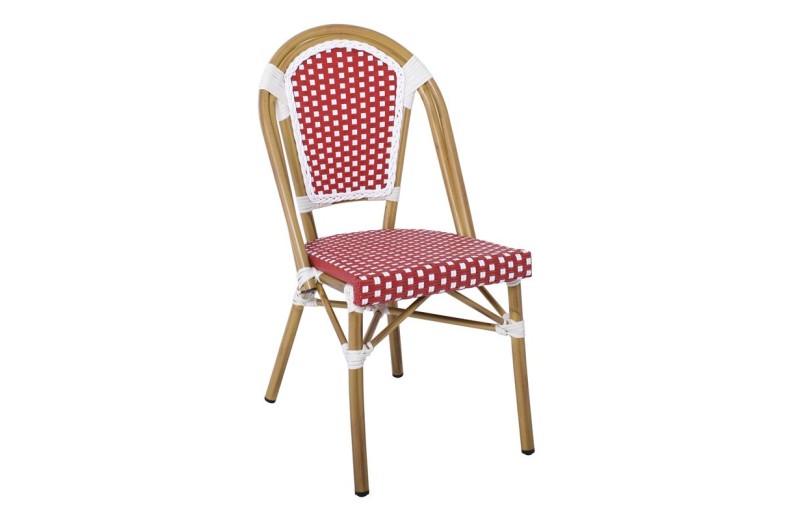 PARIS Καρέκλα Bistro Αλουμίνιο Φυσικό, Wicker Άσπρο - Κόκκινο, Στοιβαζόμενη Κόκκινο