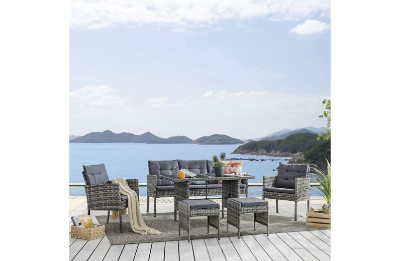 JOCKEY Set Dining Καθιστικό: Τραπέζι+3Θέσιος+2 Πολυθρόνες+ 2 Σκαμπό, Μέταλλο, Wicker Γκρι