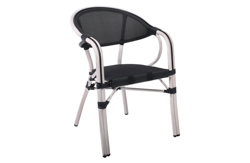 VEGERA Πολυθρόνα Dining Αλουμίνιο Βαφή Antique White Textilene Μαύρο, Στοιβαζόμενη Άσπρο