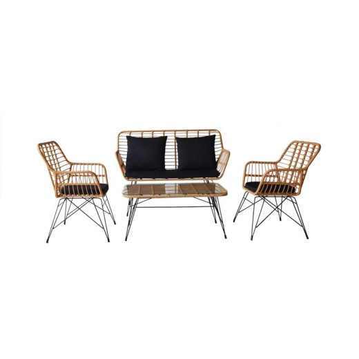 SALSA MAX Living Set Κήπου 4 τεμαχίων, Μέταλλο Βαφή Μαύρο, Wicker Φυσικό, Μαξιλάρια Μαύρο Μαύρο