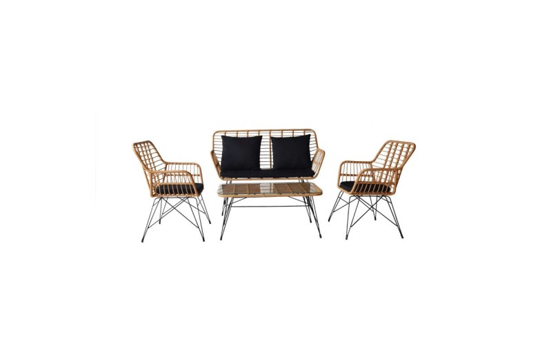 SALSA MAX Living Set Κήπου 4 τεμαχίων, Μέταλλο Βαφή Μαύρο, Wicker Φυσικό, Μαξιλάρια Μαύρο Μαύρο