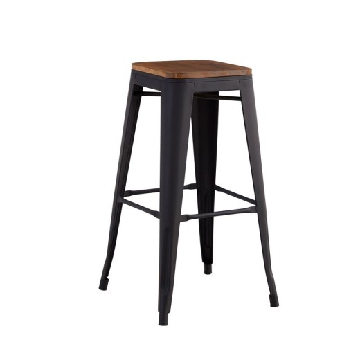RELIX Wood Σκαμπό Bar, Μέταλλο Βαφή Μαύρο Extra Matte Κάθισμα Dark Oak, Στοιβαζόμενο Καρυδί