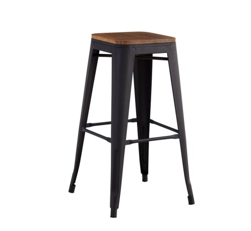RELIX Wood Σκαμπό Bar, Μέταλλο Βαφή Μαύρο Extra Matte Κάθισμα Dark Oak, Στοιβαζόμενο Καρυδί