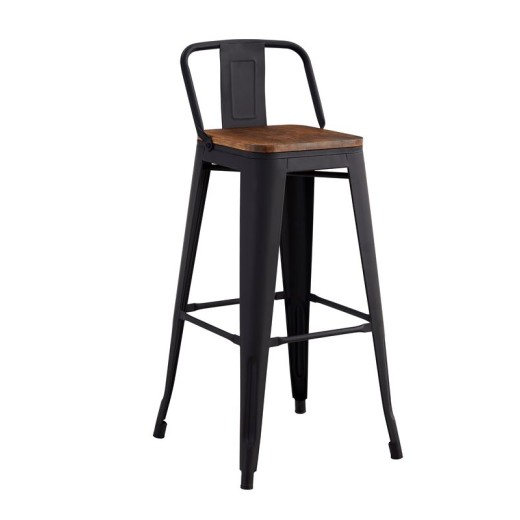 RELIX Wood Σκαμπό Bar με Πλάτη,Μέταλλο Βαφή Μαύρο Extra Matte, Απόχρωση Ξύλου Dark Oak Καρυδί