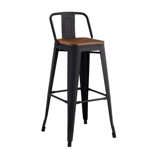 RELIX Wood Σκαμπό Bar με Πλάτη,Μέταλλο Βαφή Μαύρο Extra Matte, Απόχρωση Ξύλου Dark Oak Καρυδί