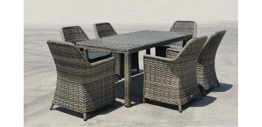ESPERIA Set Τραπεζαρία Κήπου ALU,Wicker Grey Brown-Ανθρακί: Τραπέζι 180x90 + 6 Πολυθρόνες Καφέ