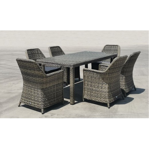 ESPERIA Set Τραπεζαρία Κήπου ALU,Wicker Grey Brown-Ανθρακί: Τραπέζι 180x90 + 6 Πολυθρόνες Καφέ