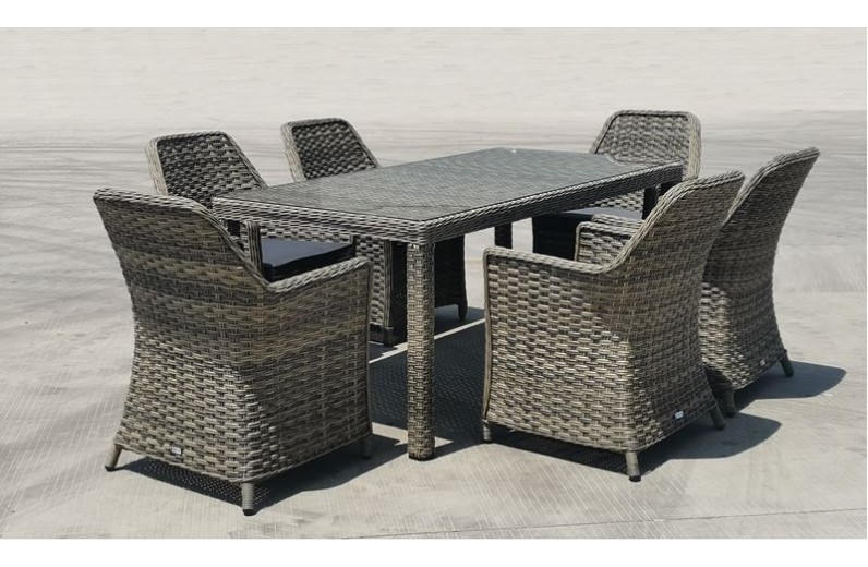 ESPERIA Set Τραπεζαρία Κήπου ALU,Wicker Grey Brown-Ανθρακί: Τραπέζι 180x90 + 6 Πολυθρόνες Καφέ