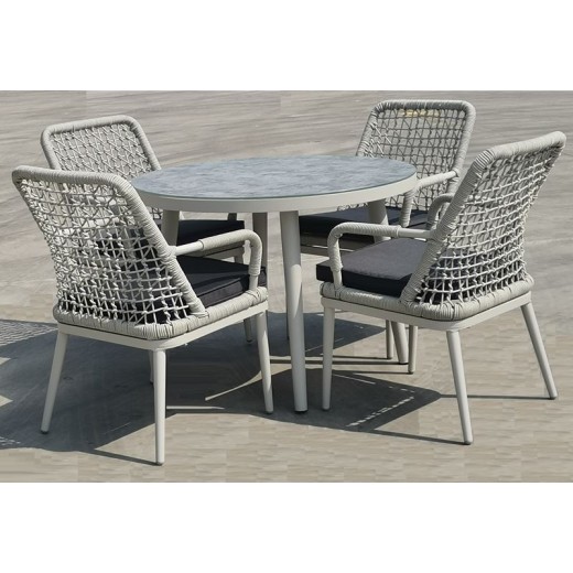 CENTRAL Set Τραπεζαρία Κήπου ALU & Rope Grey-Μαξιλ.Ανθρακί: Τραπέζι Φ100cm + 4 Πολυθρόνες Γκρι