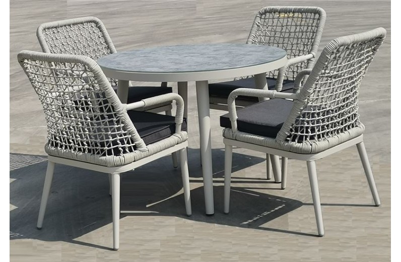 CENTRAL Set Τραπεζαρία Κήπου ALU & Rope Grey-Μαξιλ.Ανθρακί: Τραπέζι Φ100cm + 4 Πολυθρόνες Γκρι