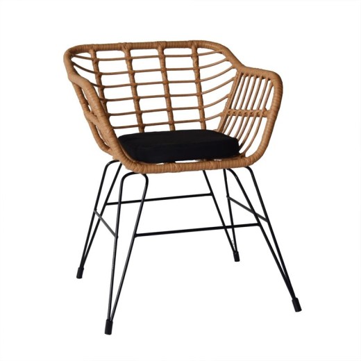 SALSA-D Πολυθρόνα Τραπεζαρίας Κήπου, Μέταλλο Βαφή Μαύρο, Wicker Φυσικό, Μαξιλάρι Μαύρο Μαύρο