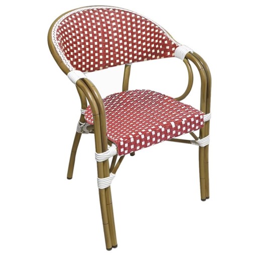 PARIS Πολυθρόνα Bistro Αλουμίνιο Φυσικό, Wicker Άσπρο - Κόκκινο, Στοιβαζόμενη Κόκκινο