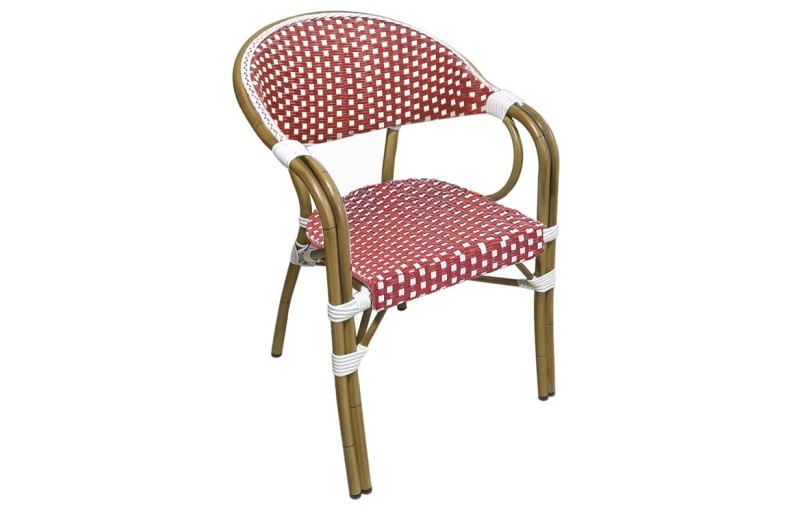 PARIS Πολυθρόνα Bistro Αλουμίνιο Φυσικό, Wicker Άσπρο - Κόκκινο, Στοιβαζόμενη Κόκκινο