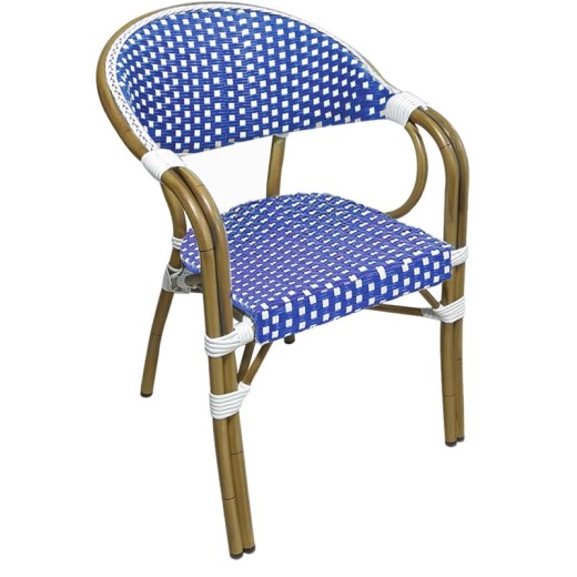 PARIS Πολυθρόνα Bistro Αλουμίνιο Φυσικό, Wicker Άσπρο - Μπλε, Στοιβαζόμενη Μπλε