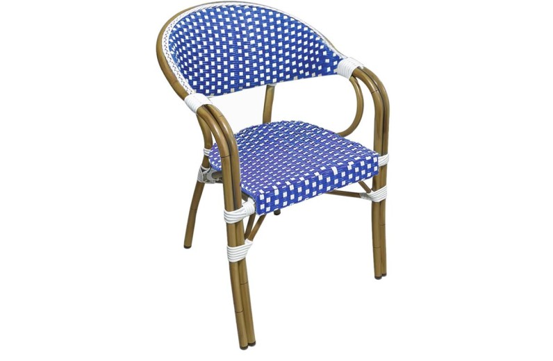 PARIS Πολυθρόνα Bistro Αλουμίνιο Φυσικό, Wicker Άσπρο - Μπλε, Στοιβαζόμενη Μπλε
