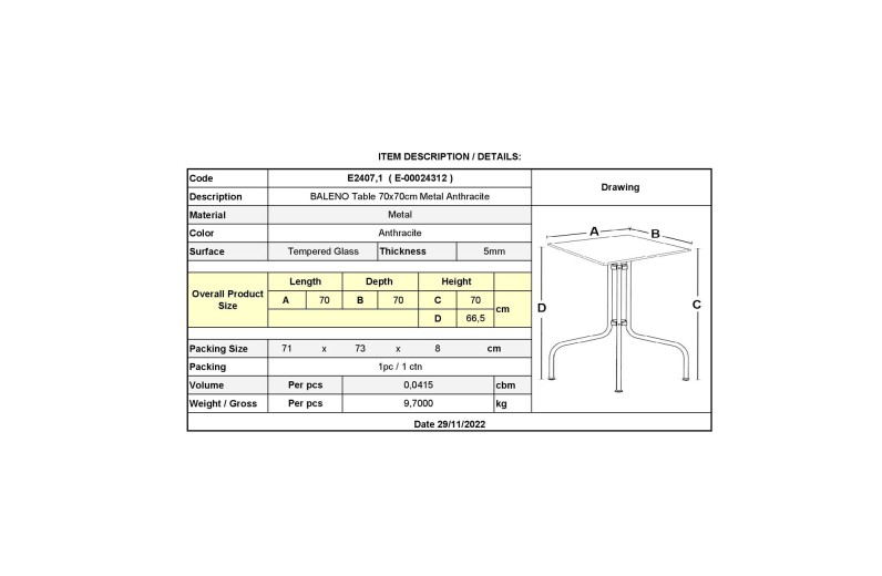 BALENO Τραπέζι Κήπου - Βεράντας, Μέταλλο Βαφή Ανθρακί, Γυαλί Tempered