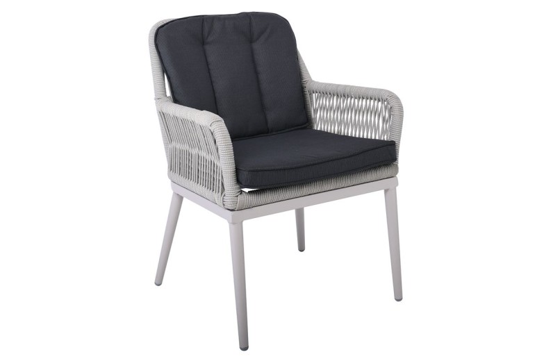 ALLEY Πολυθρόνα Τραπεζαρίας Κήπου ALU, Rope Grey 6mm, Μαξιλάρια Ανθρακί Γκρι