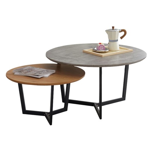 TEDDY Set-2 Τραπεζάκια Σαλονιού-Καθιστικού, Μέταλλο Μαύρο,Απόχρωση Καρυδί & Cement Γκρι