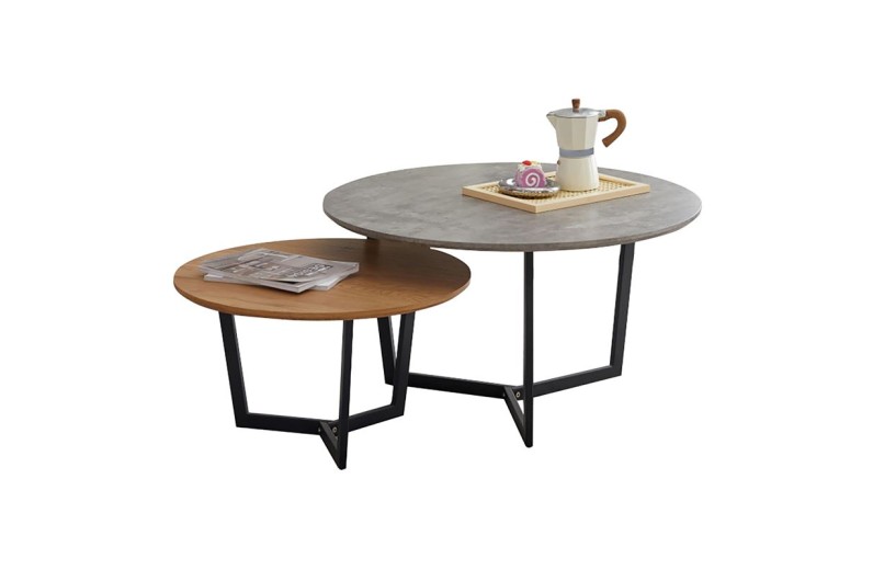 TEDDY Set-2 Τραπεζάκια Σαλονιού-Καθιστικού, Μέταλλο Μαύρο,Απόχρωση Καρυδί & Cement Γκρι
