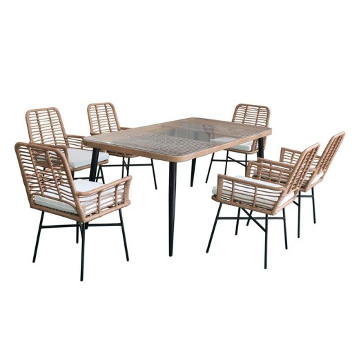 SALSA Τραπεζαρία Κήπου:Μέταλλο Βαφή Μαύρο, Wicker Φυσικό: 6 Πολυθρόνες+Τραπέζι, Μαξ.Άσπρο Μαύρο