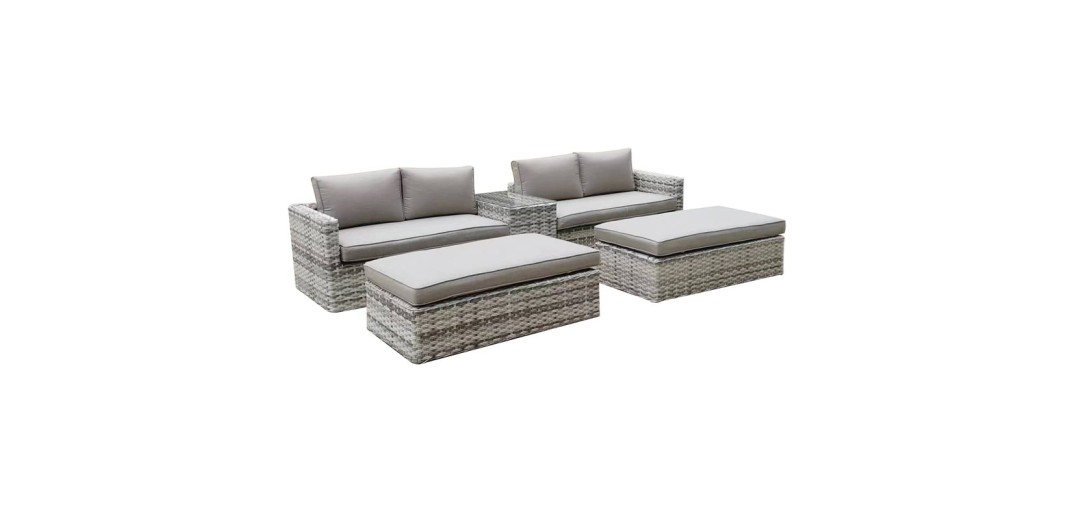 ASCOT Set Wicker Alu, Καναπές 4Θέσιος+2 σκαμπό+Τραπεζάκι, Wicker Grey White,  Μαξιλ.Μπεζ Γκρι