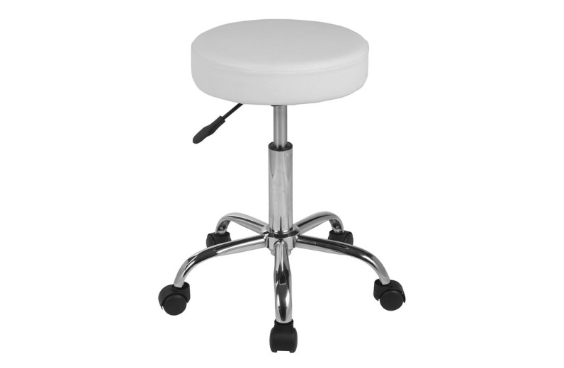 GLORY Σκαμπό, Βάση Χρώμιο, PU Άσπρο, Ρυθμιζόμενο Ύψος, Περιστρεφόμενο, Τροχήλατο Άσπρο