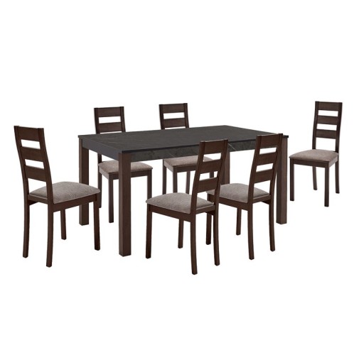 SIENNA Set (1+6) Τραπεζαρίας - Κουζίνας, Σκούρο Καρυδί, Melamine Greystone,Ύφασμα Μπεζ Καρυδί