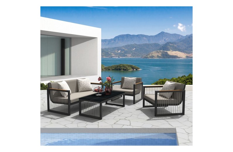 CORDOBA Set Καθιστικό ALU Ανθρακί: Καναπές+2 Πολυθρόνες+ Τραπεζάκι, Μαξιλάρια Μπεζ Ανθρακί