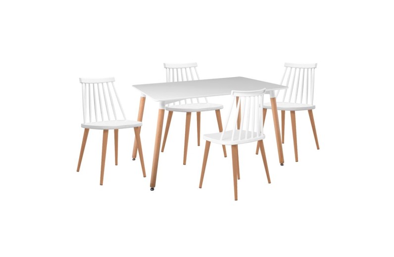 LAVIDA-ART Τραπεζαρία: Τραπέζι 120x80 Οξιά/MDF + 4 Καρέκλες Μέταλλο Βαφή Φυσικό PP Άσπρο Άσπρο