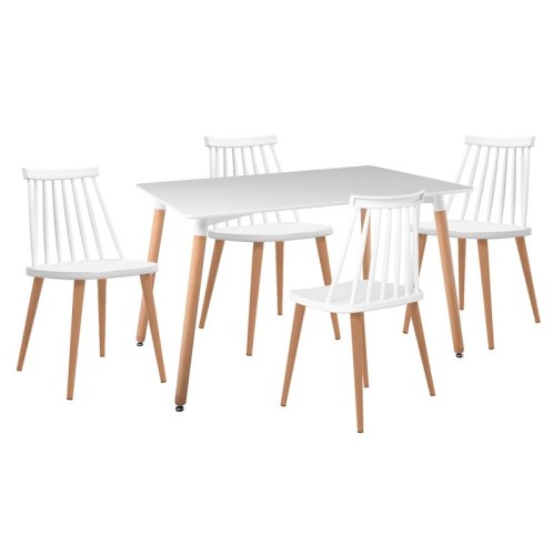 LAVIDA-ART Τραπεζαρία: Τραπέζι 120x80 Οξιά/MDF + 4 Καρέκλες Μέταλλο Βαφή Φυσικό PP Άσπρο Άσπρο