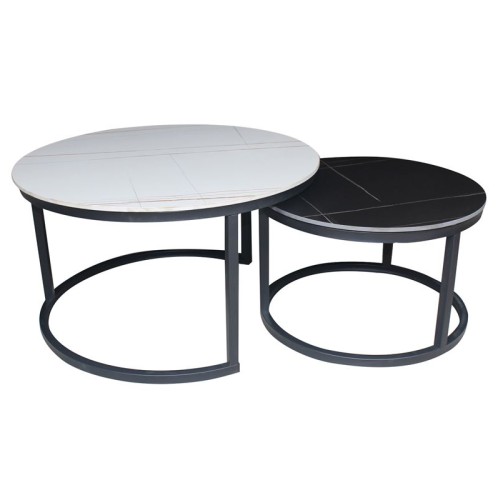 TERRY Set2 Τραπεζάκια Σαλονιού , Μέταλλο Βαφή Μαύρο, Sintered Stone White-Black Marble Άσπρο