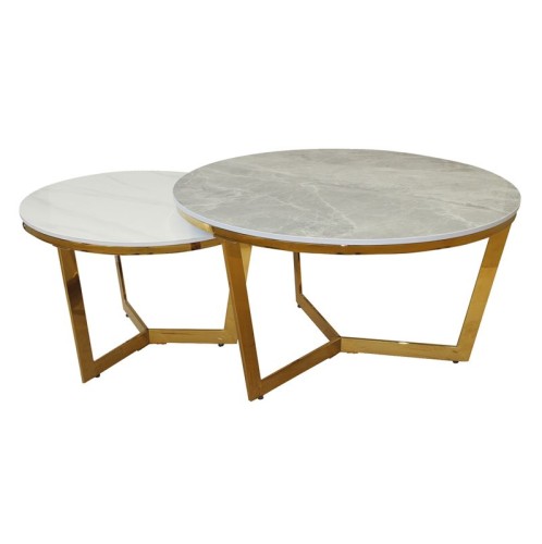 OTTO Set 2 Τραπεζάκια Σαλονιού , Χρώμιο Χρυσό, Sintered Stone Grey-White Marble Γκρι
