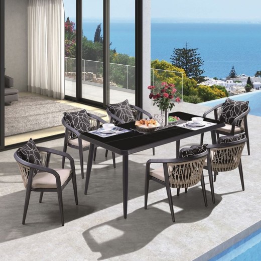 JARDIN Τραπεζαρία ALU Ανθρακί, HPL Μαύρο, Rope Μπεζ: Τραπέζι + 6 Πολυθρόνες με Μαξιλάρια Ανθρακί