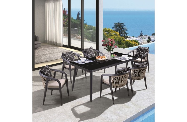 JARDIN Τραπεζαρία ALU Ανθρακί, HPL Μαύρο, Rope Μπεζ: Τραπέζι + 6 Πολυθρόνες με Μαξιλάρια Ανθρακί