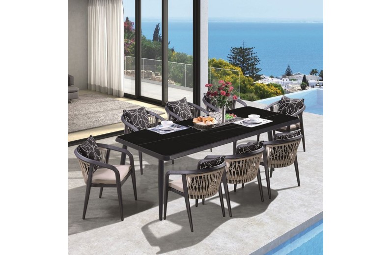 JARDIN Τραπεζαρία ALU Ανθρακί, HPL Μαύρο, Rope Μπεζ: Τραπέζι + 8 Πολυθρόνες με Μαξιλάρια Ανθρακί