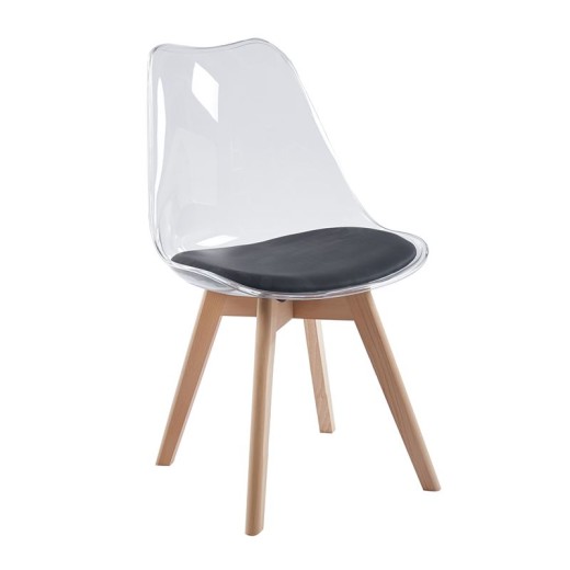 MARTIN Καρέκλα Ξύλο, PET Clear, PU Μαύρο, Μονταρισμένη Ταπετσαρία Διάφανο