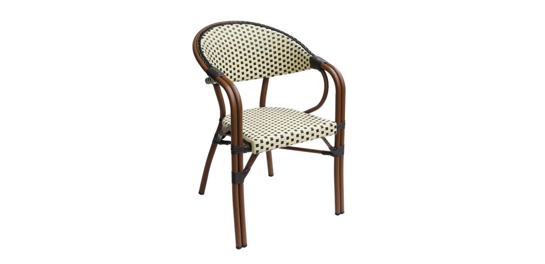 PARIS Πολυθρόνα Bistro Αλουμίνιο Καρυδί, Wicker Μπεζ - Καφέ, Στοιβαζόμενη Καρυδί