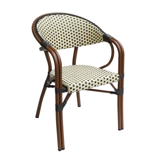 PARIS Πολυθρόνα Bistro Αλουμίνιο Καρυδί, Wicker Μπεζ - Καφέ, Στοιβαζόμενη Καρυδί