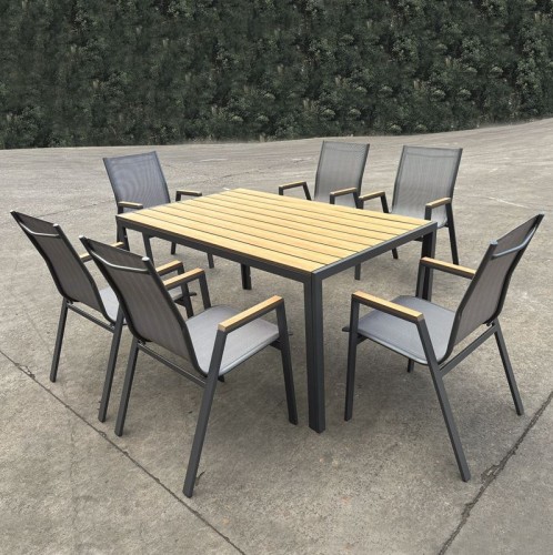 VIRNA Set Τραπεζαρία: Τραπέζι + 6 Πολυθρόνες, Μέταλλο Βαφή Ανθρακί, Polywood Φυσικό Ανθρακί