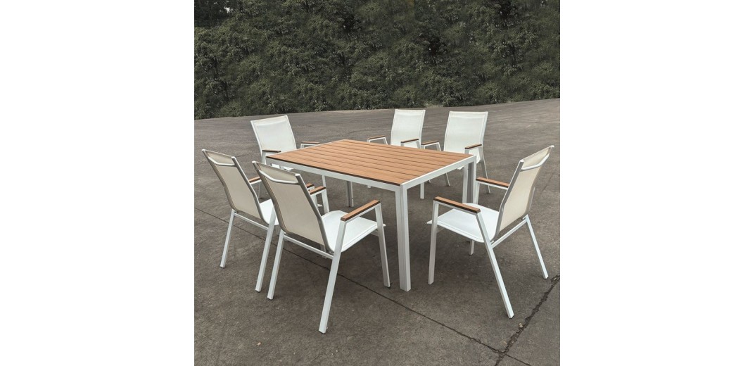 VIRNA Set Τραπεζαρία: Τραπέζι + 6 Πολυθρόνες, Μέταλλο Βαφή Άσπρο, Polywood Φυσικό Άσπρο