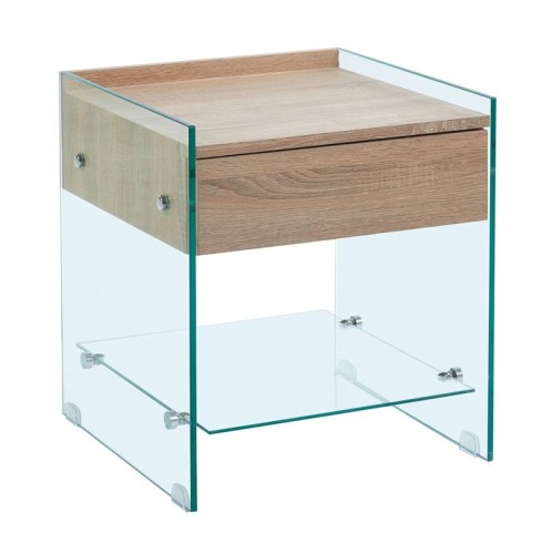 GLASSER Wood Κομοδίνο Διάφανο Γυαλί 10mm - με Συρτάρι Απόχρωση Δρυς Διάφανο
