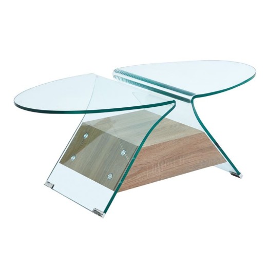 GLASSER Wood Τραπεζάκι Σαλονιού Oval, Διάφανο Γυαλί 12mm, Ράφι Απόχρωση Δρυς Διάφανο