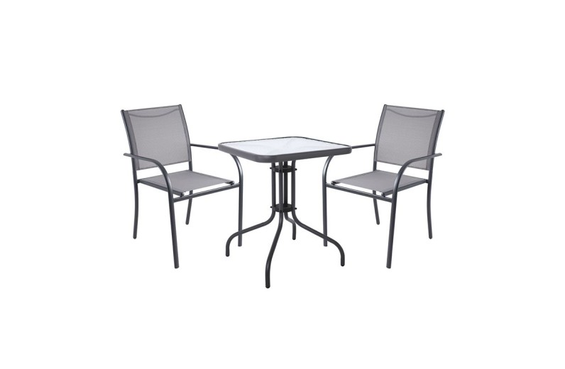 LANGLEY Set Κήπου: Τραπέζι + 2 Πολυθρόνες Στοιβαζόμενες Μέταλλο Ανθρακί,Textilene Γκρι Ανθρακί