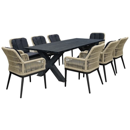 ALLEY Set Τραπεζαρία ALU Ανθρακί-Rope Φυσικό: Τραπέζι + 8 Πολυθρόνες με Μαξιλάρια Ανθρακί