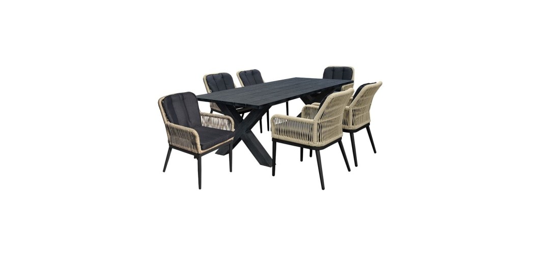 ALLEY Set Τραπεζαρία ALU Ανθρακί-Rope Φυσικό: Τραπέζι 180x94 + 6 Πολυθρόνες με Μαξιλ Ανθρακί